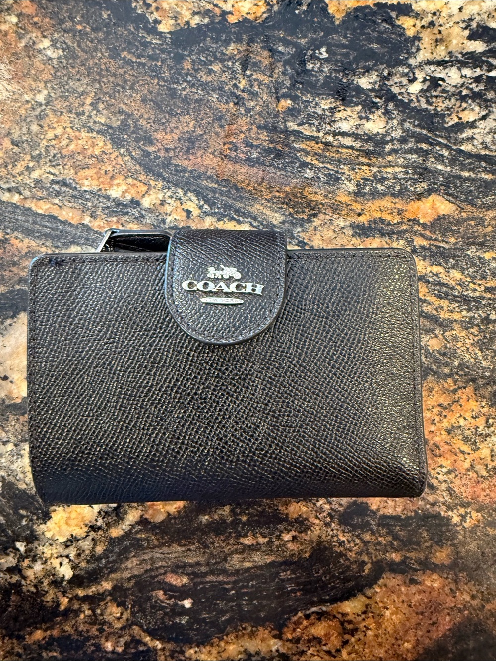 Coach Black Textured Leather Snap Wallet with Silver Logo